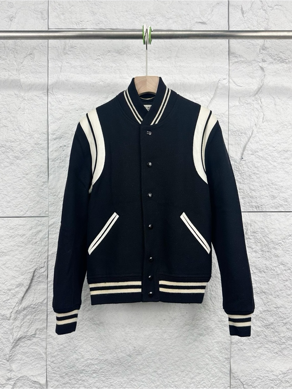 🚩steal Saint Laurent Black & White Varsity Bomber Jacket